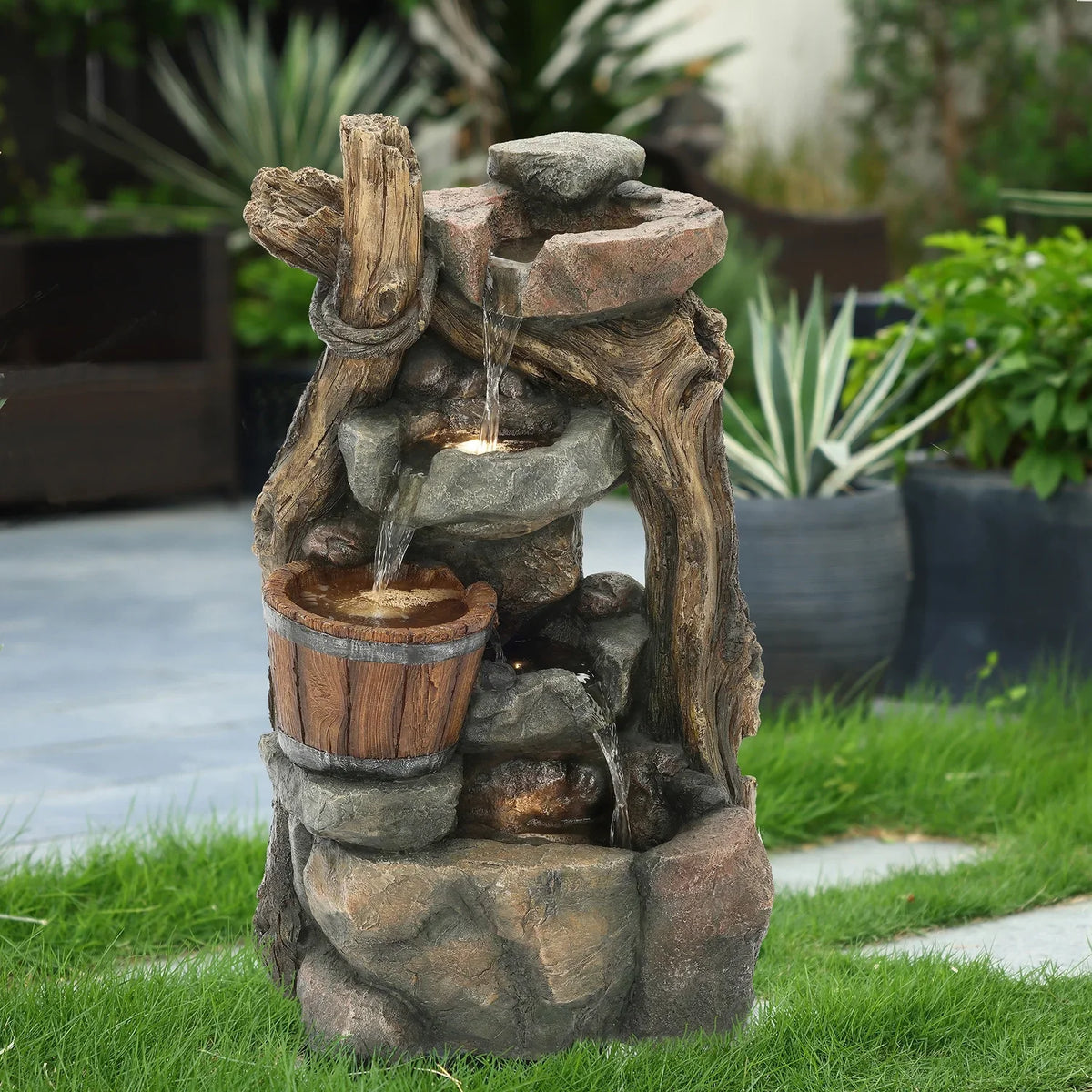 With Led HomeStock Resin exterior Stacked And Lights Fountain Wall Barrel Rock Naturally Nice