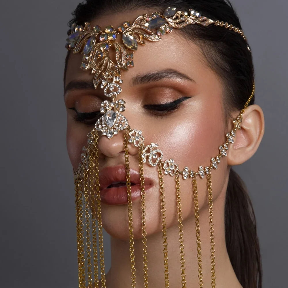 Tassel Chain Hair Women Jewelry Jewelry Costumes for Mask Headpiece Crystal Halloween Face Face Rhinestone
