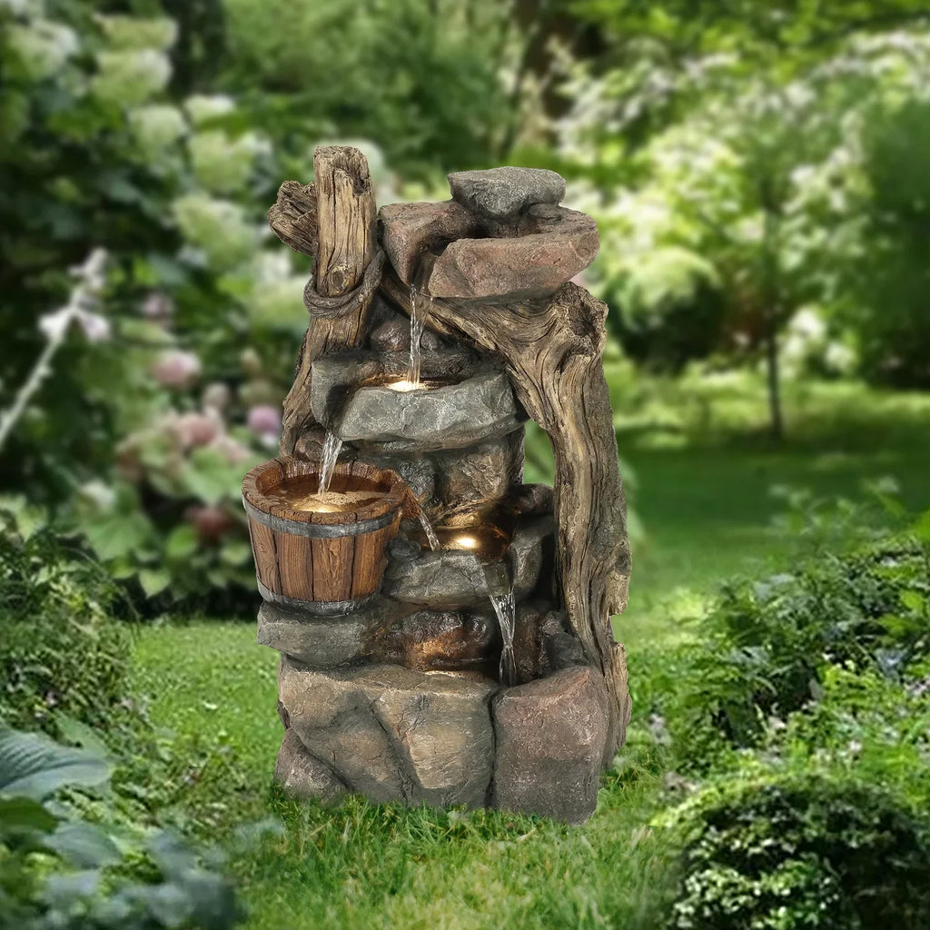With Led HomeStock Resin exterior Stacked And Lights Fountain Wall Barrel Rock Naturally Nice