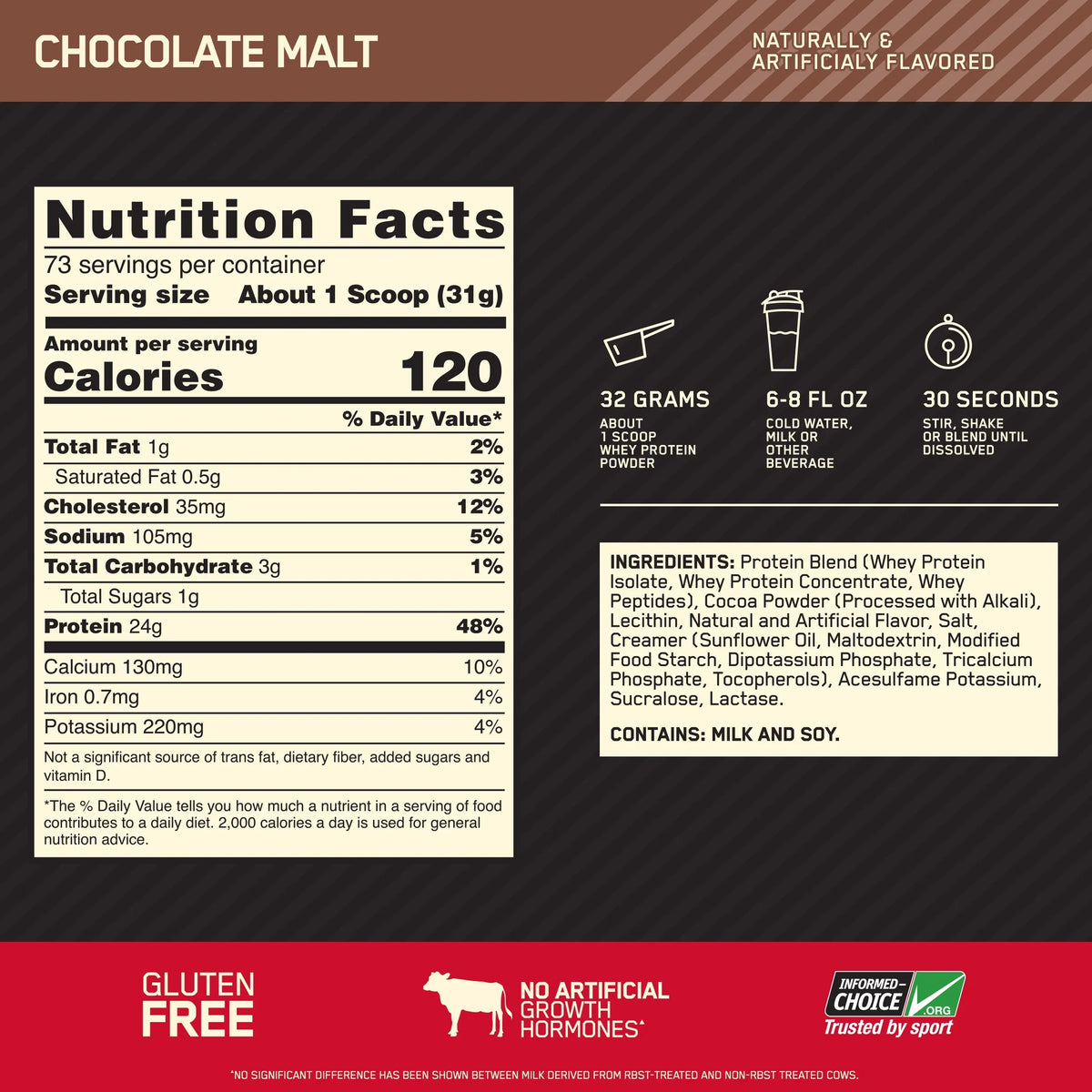 Chocolate Whey 5 100% lb, 73 Powder, Malt, Optimum Servings Nutrition, Standard Gold Protein