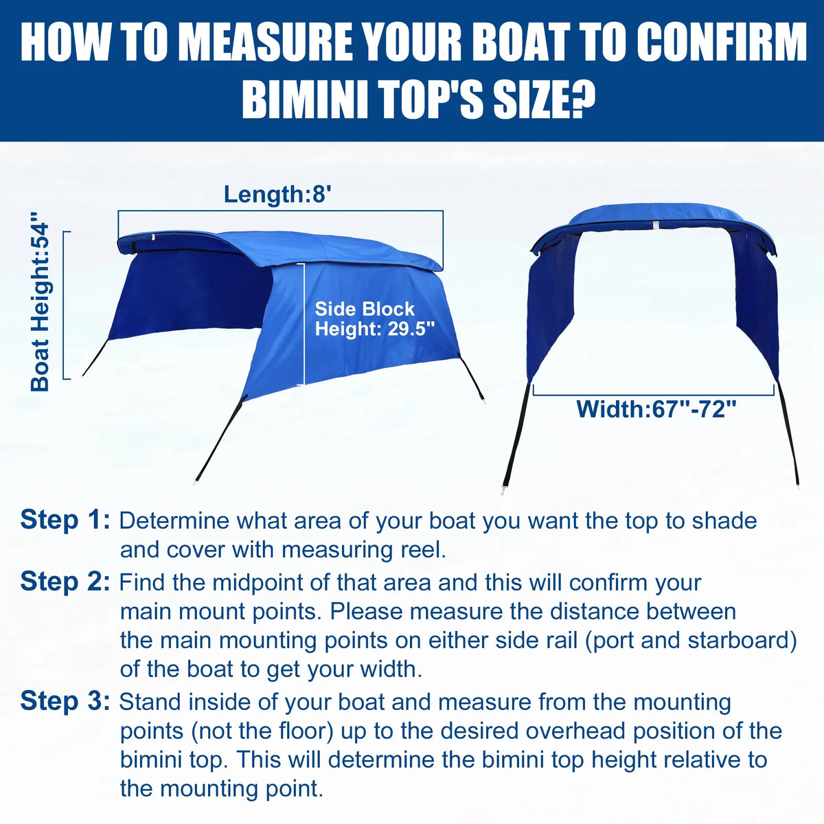 Bimini Top Blue Detachable Unique Side Blocks 4Bow Canvas Bargains With 8'Lx54"Hx67"-72"W