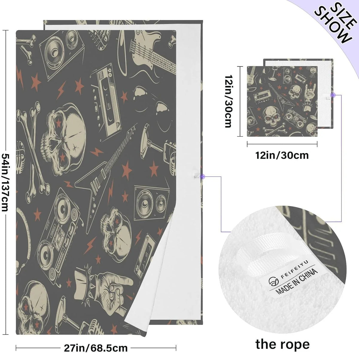 Machine Washable Pure Skull Absorbent Towel Instrument Yoga, Pack Soft Highly Bath Towels Rock Cotton for Set, Travel（420） Pool,Sports, 2 Bestwell