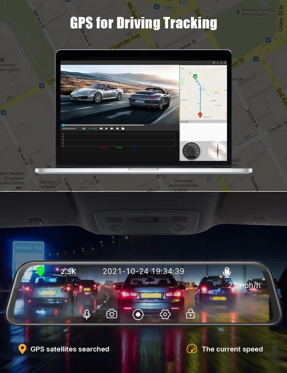 Dual Dash View Screen Mirror Cam Dash Assistance, with 12 Backup Rear Waterproof GPS 2.5K Loop Rear Recording Front Parking Mirror Night Cam Inch Vision, Camera, and Touch Camera