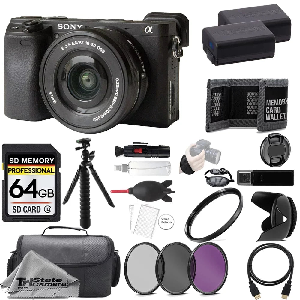 Filter- Battery+ Extra 64GB + Camera 16-50mm + with a6400 3 Accessory Kit Mirrorless Lens Digital PC Alpha