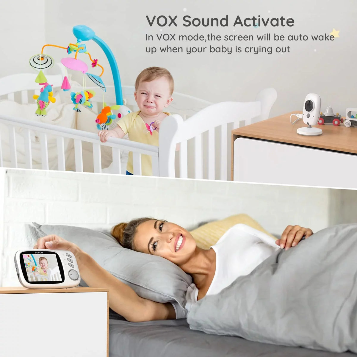 Audio, Screen, Monitor Camera Baby 3.2'' No VOX Audio, with Baby Vision, WiFi, Mode, and Two-Way HD Night BOIFUN Camera