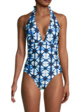 8 Wash Deep Neck Swimsuit Women's HILFIGER V TOMMY Piece Halter Navy One Acid Shirred