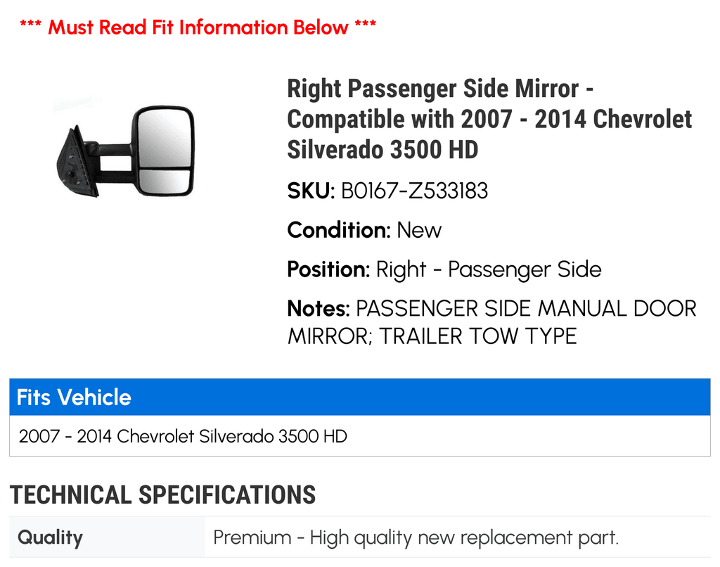Chevy 3500 - Silverado 2012 2008 2013 Side with 2011 Compatible - 2009 2007 Passenger Mirror HD 2010 Right 2014
