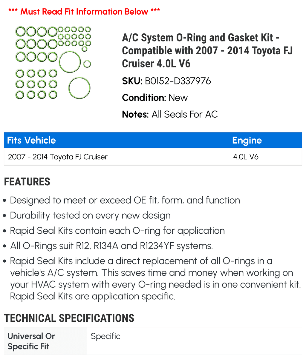 with 2009 System 2011 2008 - 2010 Cruiser 2007 FJ 2012 A/C - V6 2014 4.0L Gasket and Kit 2013 O-Ring Compatible