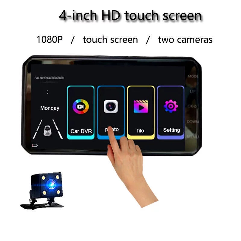 Cam Screen Lens Video Parking Front Motion Camera Dash 1080P DVR G-Sensor, Xhy Dual HD Detection Monitoring Rear 4" Touch Driving Car and and Recorder