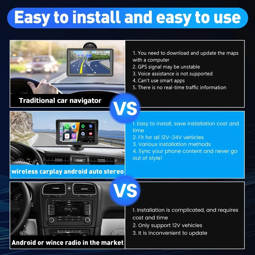 Stereo Support Audio, 7 Android Screen Carplay Bluetooth Awesafe Video GPS Touch inch Car with Auto Navigation,FM Wireless , Music,