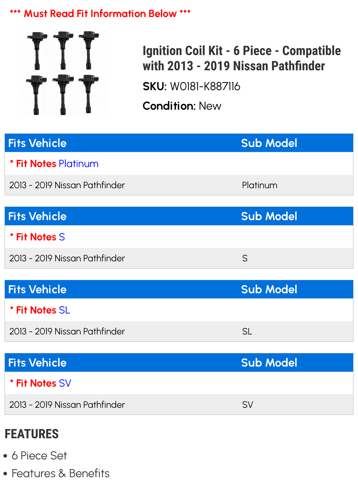 2014 - 2018 Kit 2019 Pathfinder 2015 - 2017 2016 Ignition 6 Nissan Coil 2013 with Piece - Compatible