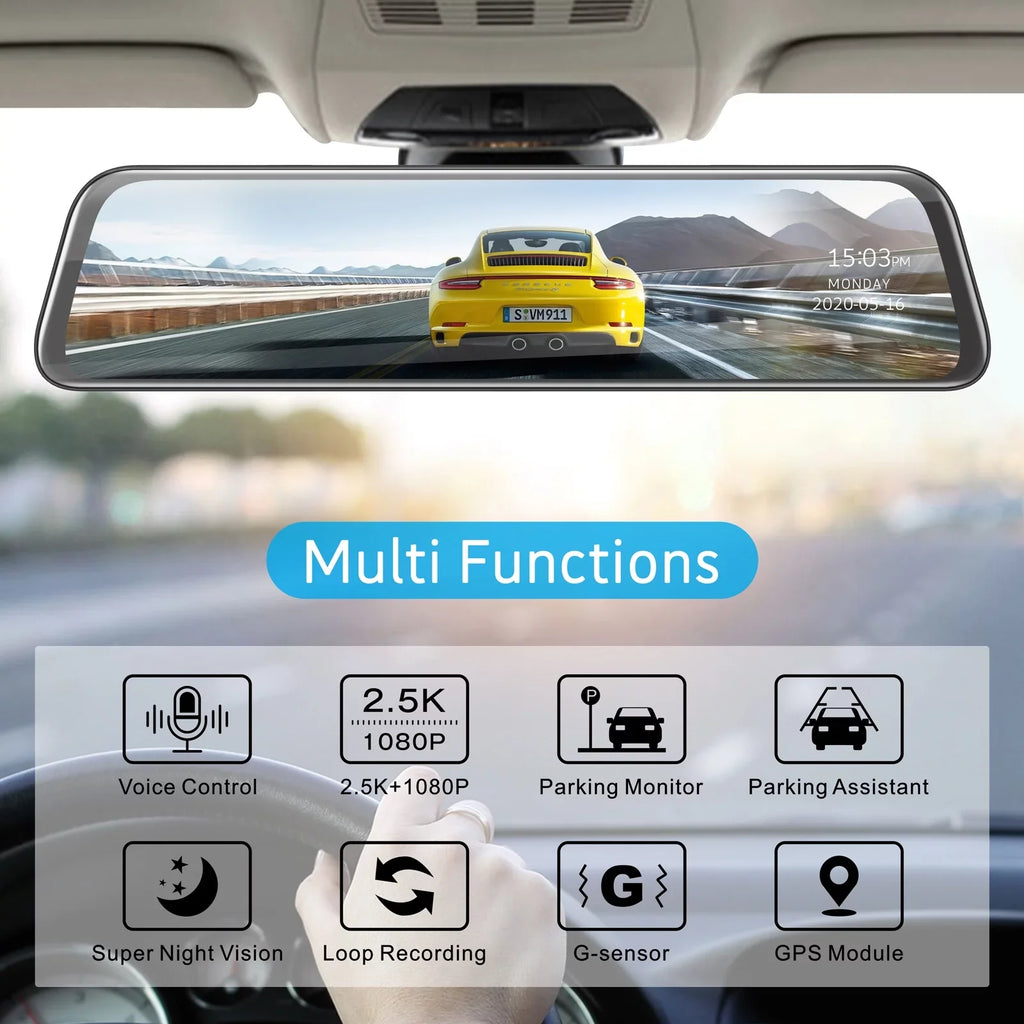 Dual Dash View Screen Mirror Cam Dash Assistance, with 12 Backup Rear Waterproof GPS 2.5K Loop Rear Recording Front Parking Mirror Night Cam Inch Vision, Camera, and Touch Camera