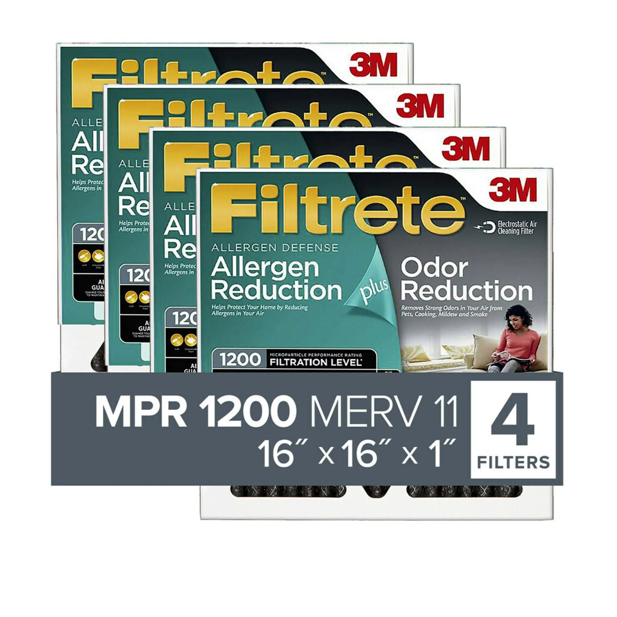 Filtrete 16x16x1 Air 1200 Odor 4 Reduction, Allergen Filters MERV 11, MPR Filter, Plus