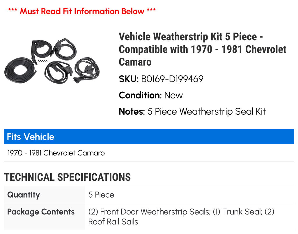 1970 - Weatherstrip Chevy 1980 Camaro Kit Compatible 1979 1975 1973 1974 1978 1971 Vehicle 1972 with 1981 - 1976 1977 Piece 5