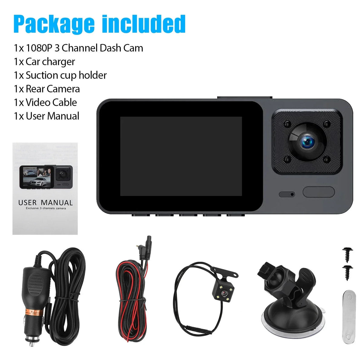 Lens Front Camera Cam 3 Dash Inside Rear Video 1080P DVR G-Sensor Recorder Car