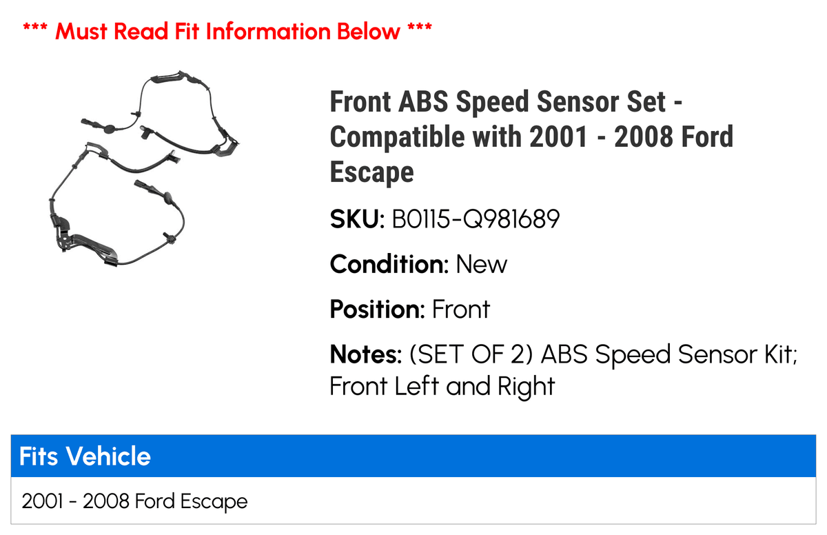 Set ABS 2001 Escape 2006 with Sensor 2004 2003 2002 Compatible 2008 2007 - Speed - 2005 Front