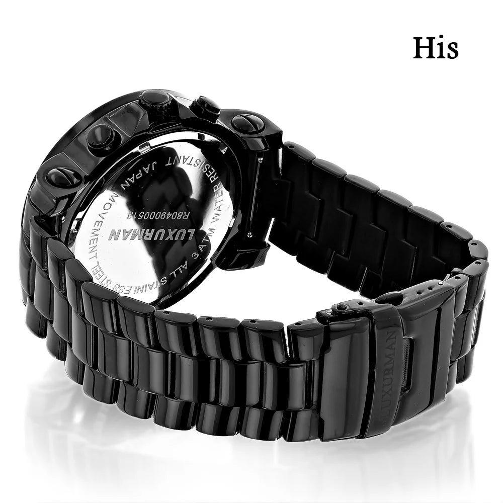 Diamond 5.15ct Hers Black Matching Watches: Set His Watch Large and