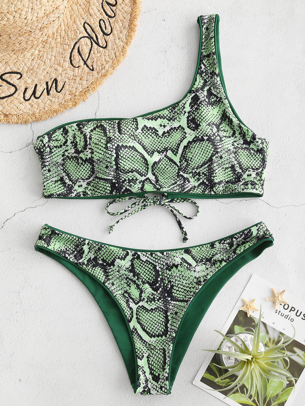 ZAFUL Set Reversible Forest Shoulder Leopard Snakeskin M for Bikini Medium Green Women Swimsuit Print One