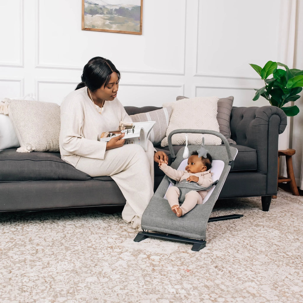 Tweed Charcoal Baby Months, 0-6 Infants Deluxe Baby Bouncer, for Alpine Portable Delight