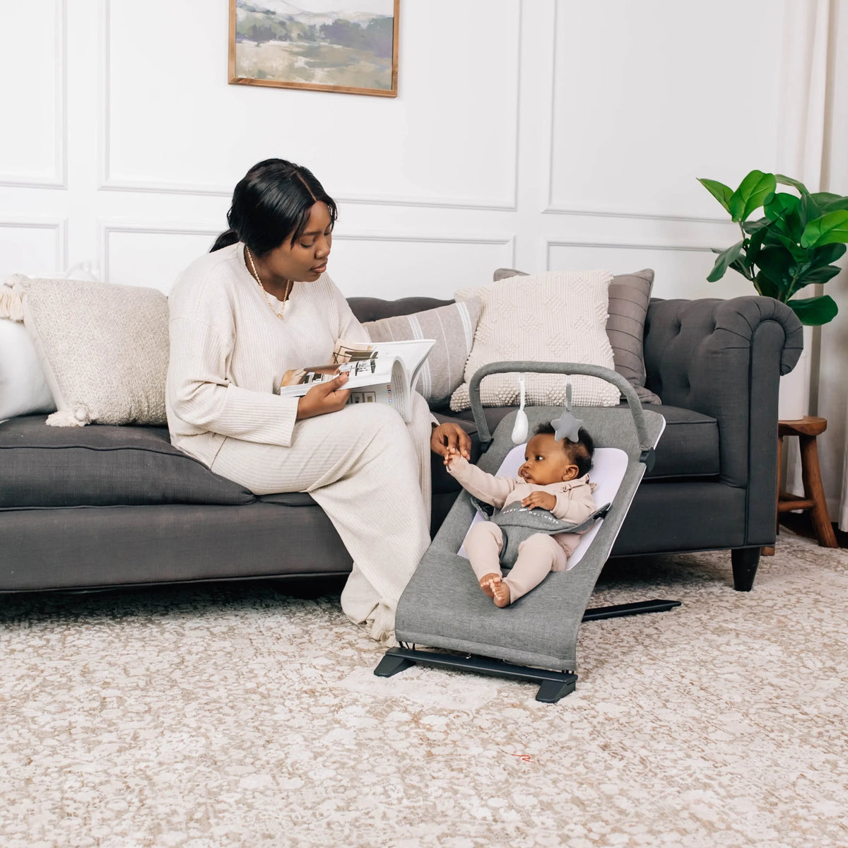 Tweed Charcoal Baby Months, 0-6 Infants Deluxe Baby Bouncer, for Alpine Portable Delight