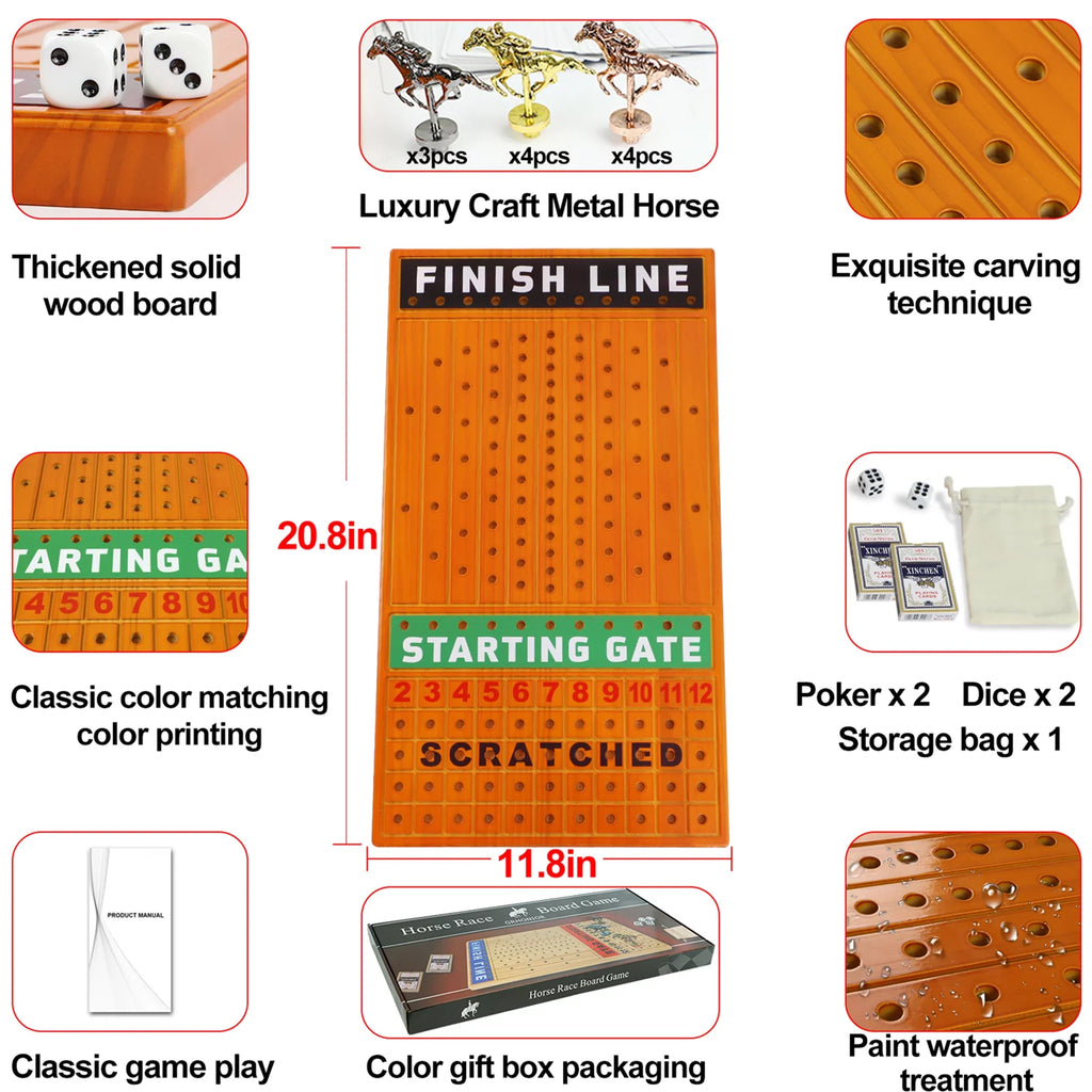 Game with 4 Racing Horses 11 Pine and Line 2 Boxes dice Race Classic Game Metal Finish with Luxurious Durable Racing Horse Across Game Horse of Thickened Board Cards