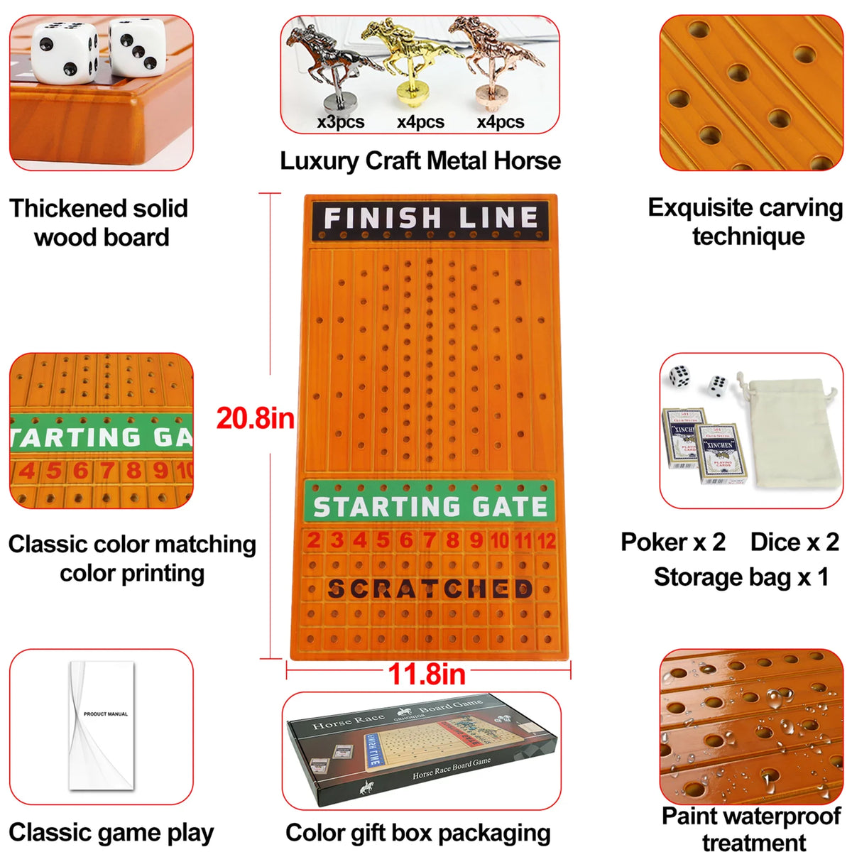 Game with 4 Racing Horses 11 Pine and Line 2 Boxes dice Race Classic Game Metal Finish with Luxurious Durable Racing Horse Across Game Horse of Thickened Board Cards