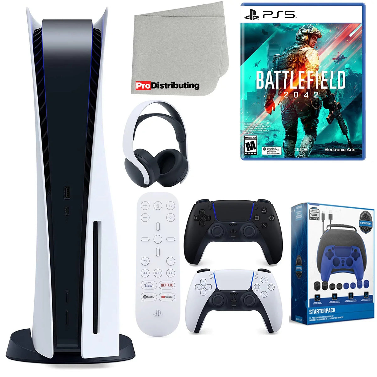 Remote, Cleaning Microfiber Version Cloth Starter Playstation Media Black Battlefield 2042, with Midnight Bundle PS5 Disc) Kit Accessory Headset, ( Controller, and Extra Disc 5