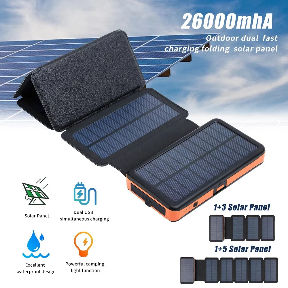 Panel Phone Solar 26000mAh 6 Flashlight Bank Charger Cell For Portable Solar Folding Battery Power External with