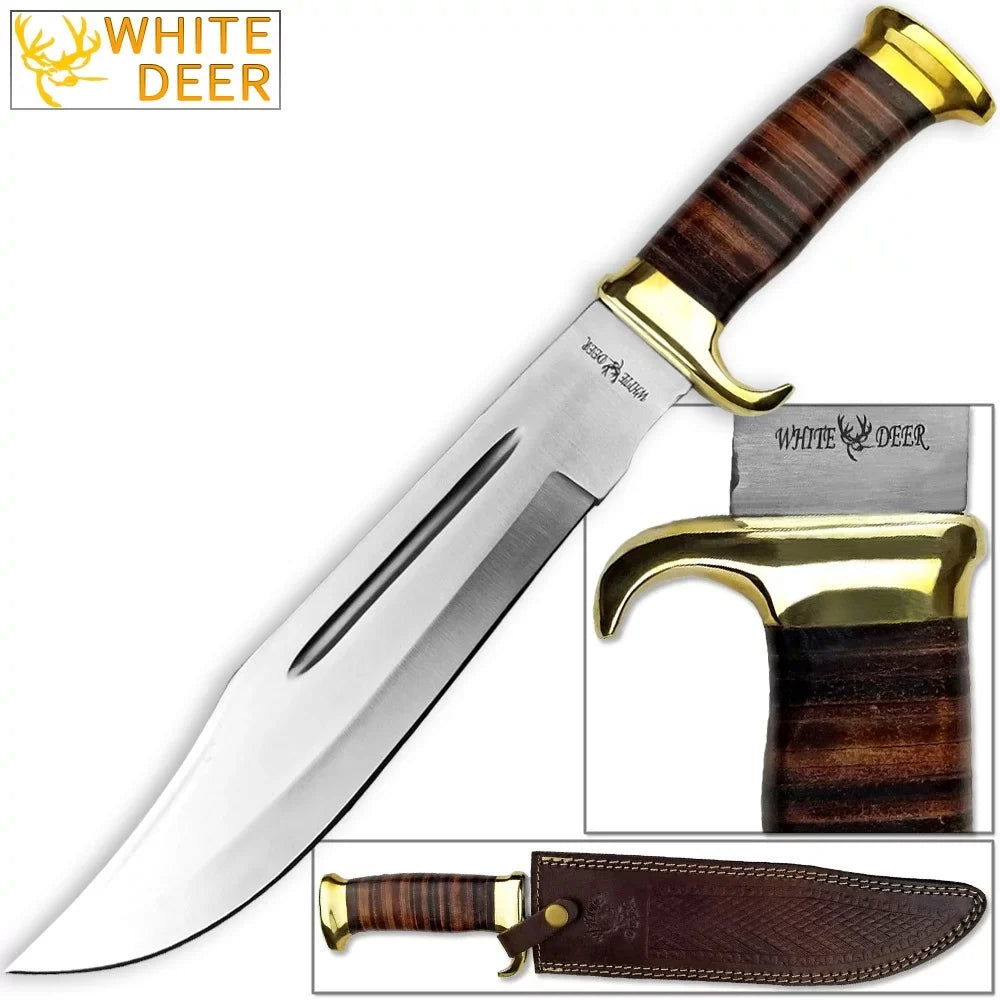 American High Stainless Knife Handle Steel Leather DEER Outback WHITE Bowie MAGNUM w Carbon