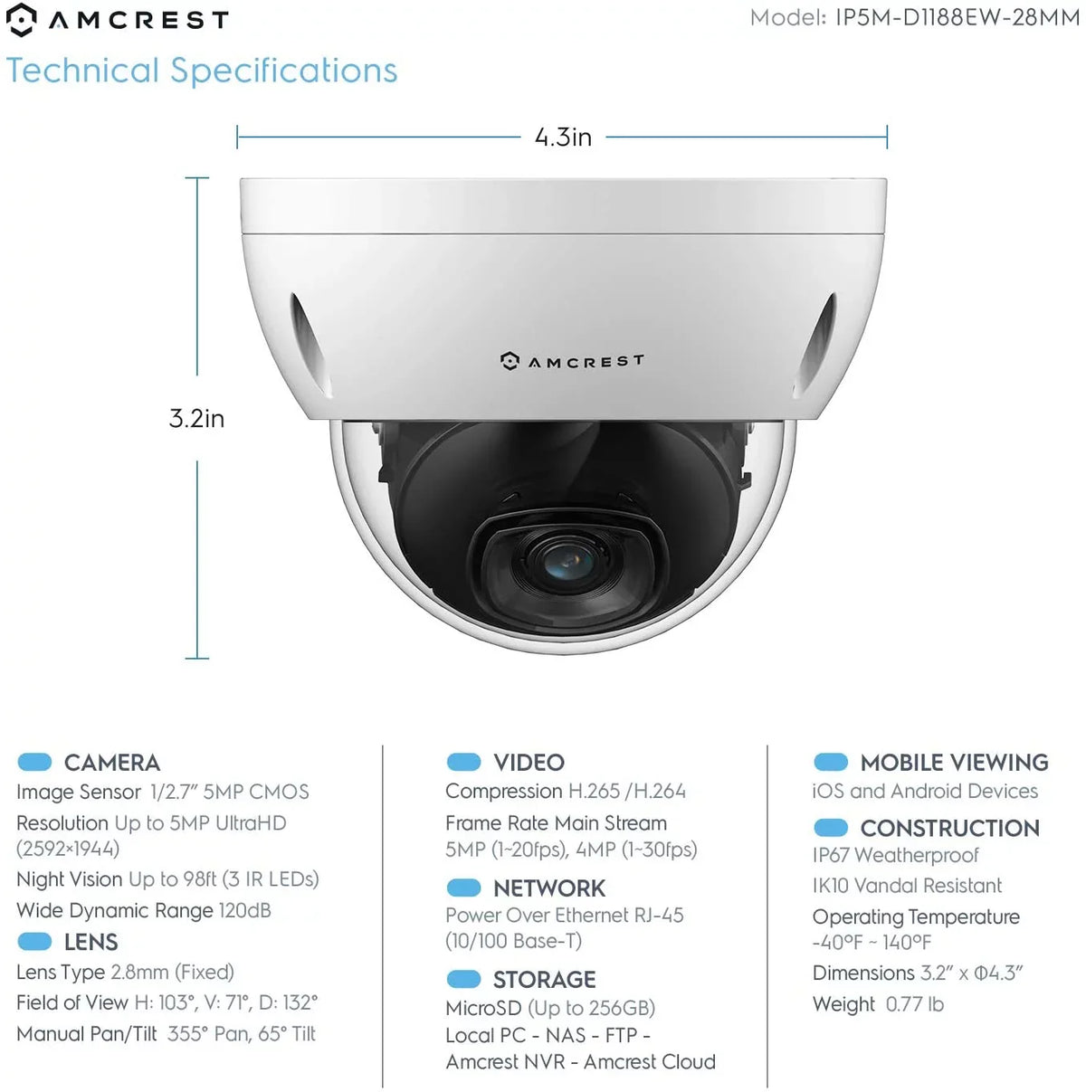 POE POE Amcrest IK10 Night 5-Megapixel, Camera, Vision, Security Dome 2.8mm 98ft. Resistance, IP Cloud, 5MP NVR Lens, (IP5M-D1188EW-28MM) Vandal Camera, IP67, exterior