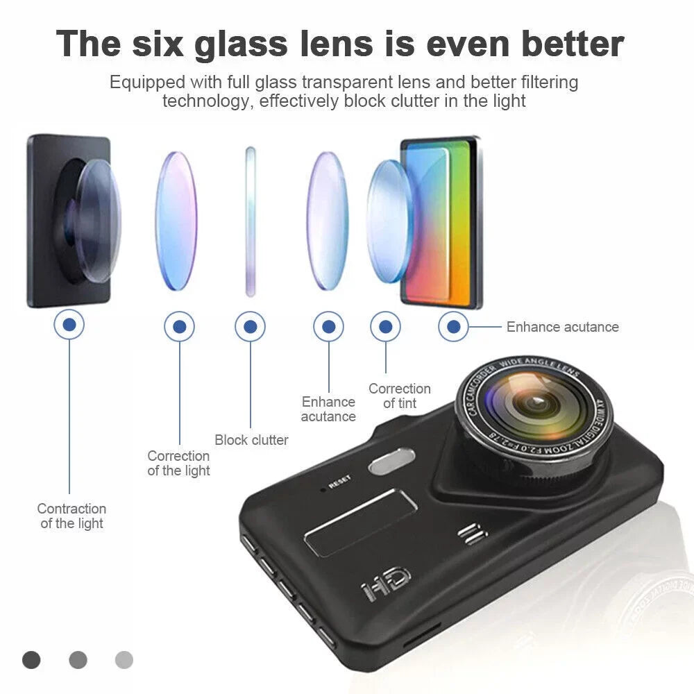 Cam Screen Lens Video Parking Front Motion Camera Dash 1080P DVR G-Sensor, Xhy Dual HD Detection Monitoring Rear 4" Touch Driving Car and and Recorder