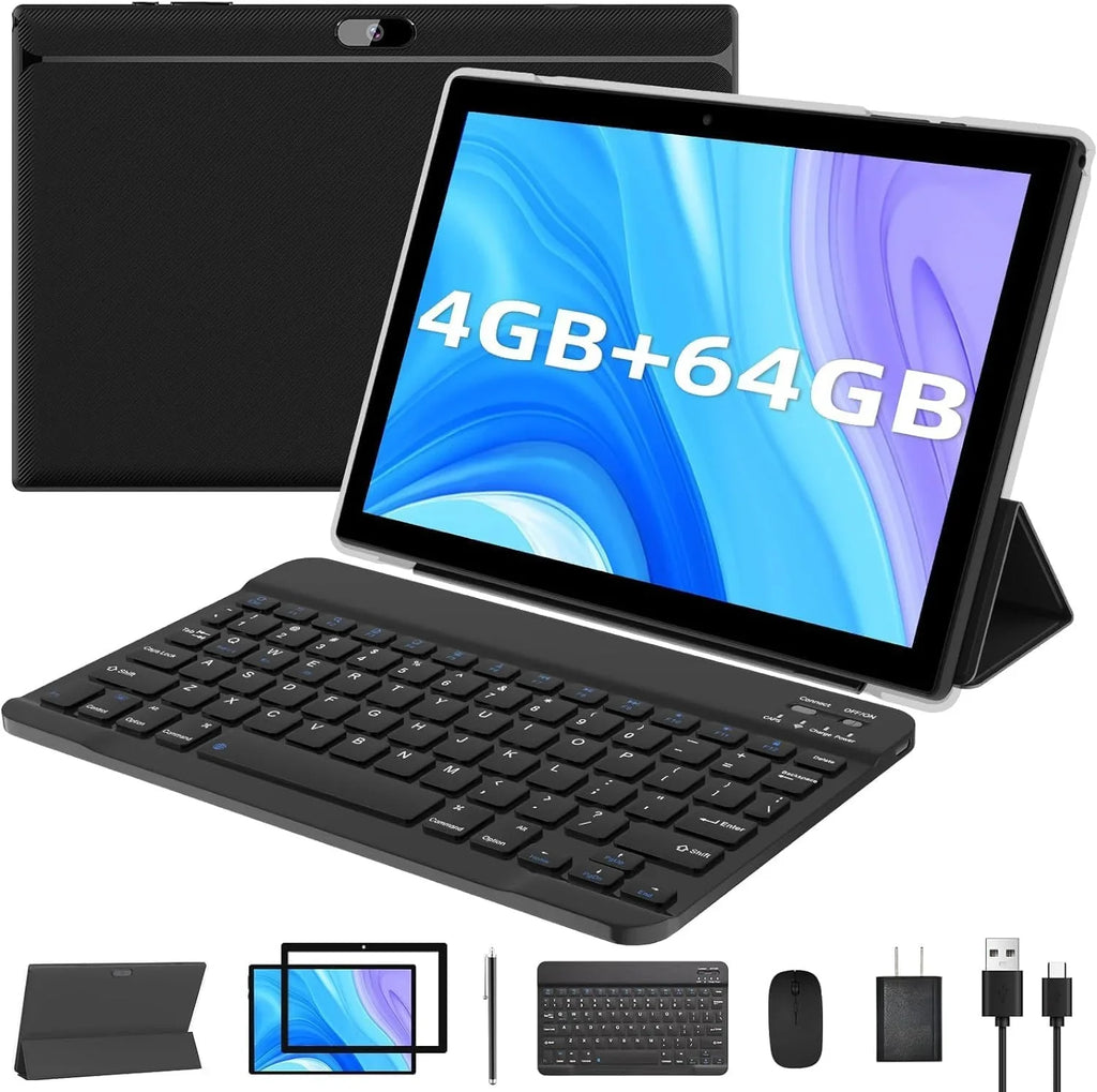 RAM+64GB FHD Film, Tablet, ROM 8MP Inch in Dual with 10" Tablets, Processor, 10.1 4GB Newest Keyboard/Mouse/Case/Stylus/Tempered Android Quad-Core Camera 6000mAh Tab 11 1 PC Tableta 1280*800 2 Battery