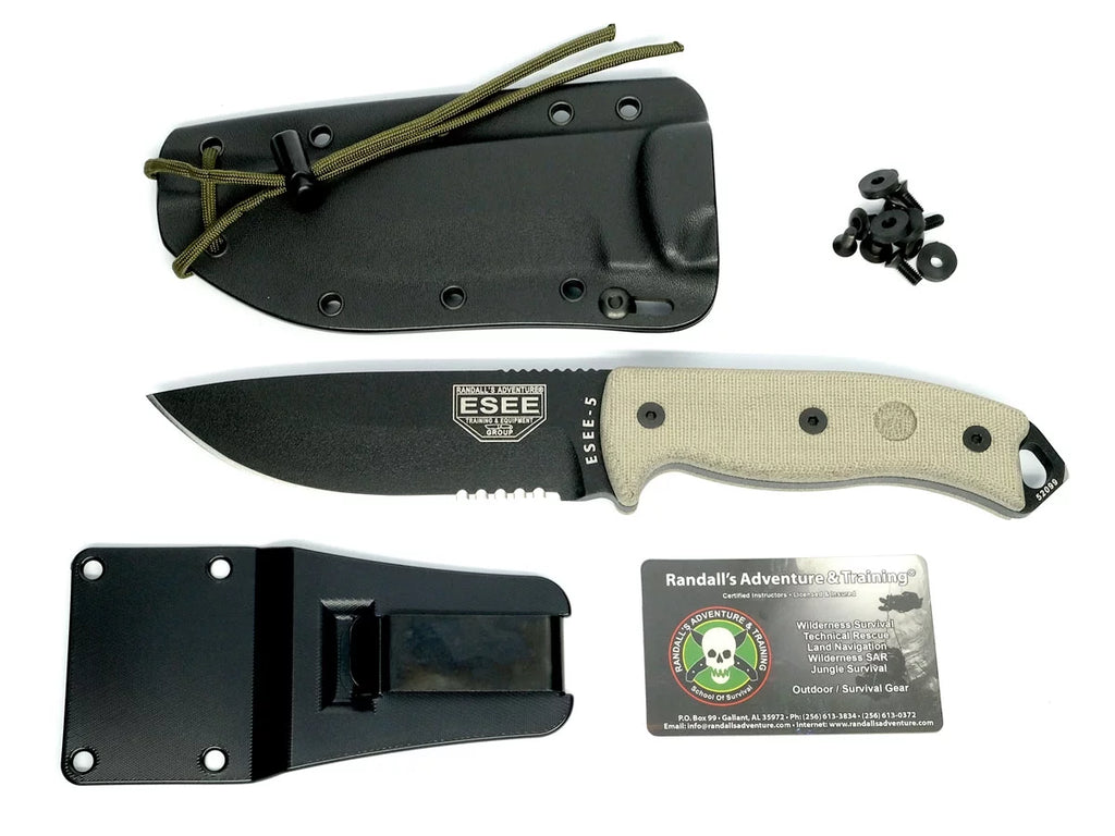 ESEE Knives 5S-E Fixed Black Natural Steel Knife Blade Micarta Serrated Carbon & 1095