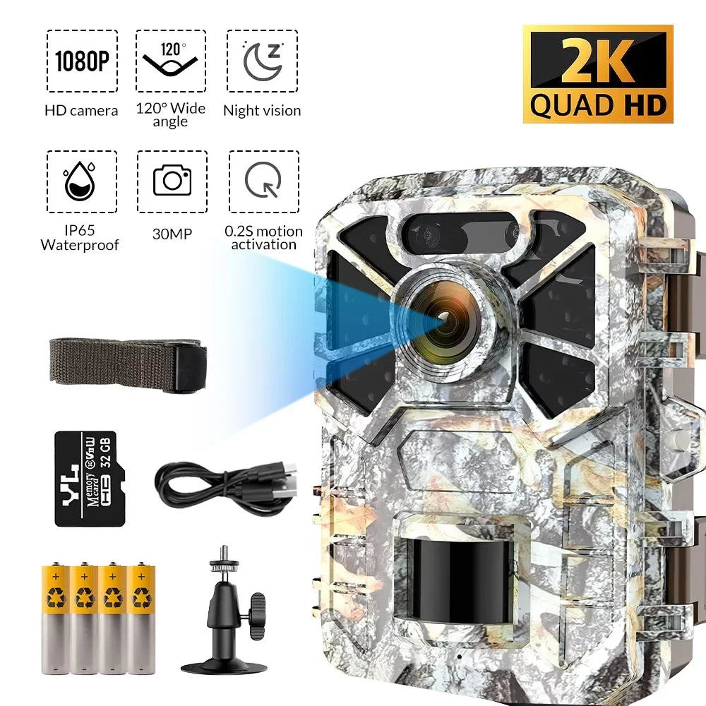 with Wide Surveillance, with 2 Game Waterproof Monitoring, 120° Angle Pack Trail Wildlife Camera 30MP Camera, Vision Hunting Lens Night Monitor 2k Trail Farm Infrared