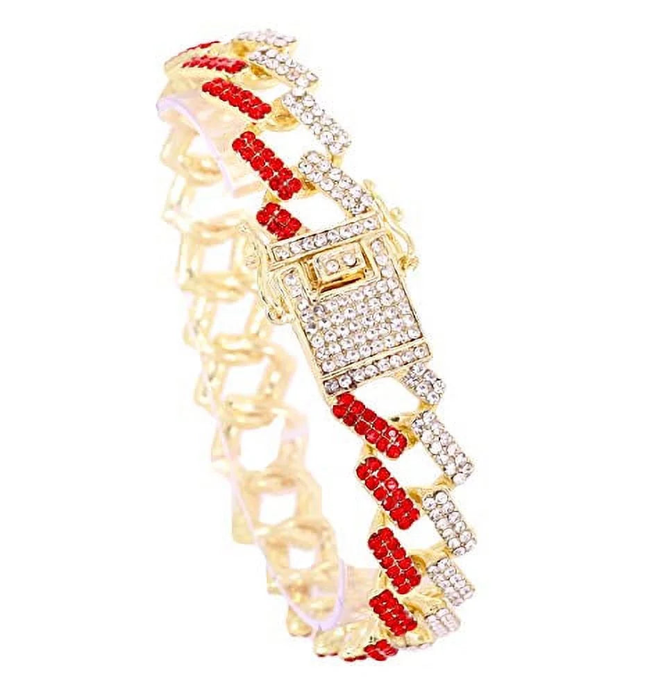 Watch Gold Bracelet w/Bling-ed Design Bling-ed Gold - Round Red Luxury Out Out ZZ Link Mens ZZ Blood L0504RNB