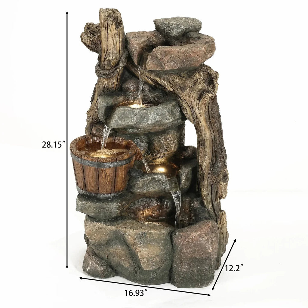With Led HomeStock Resin exterior Stacked And Lights Fountain Wall Barrel Rock Naturally Nice