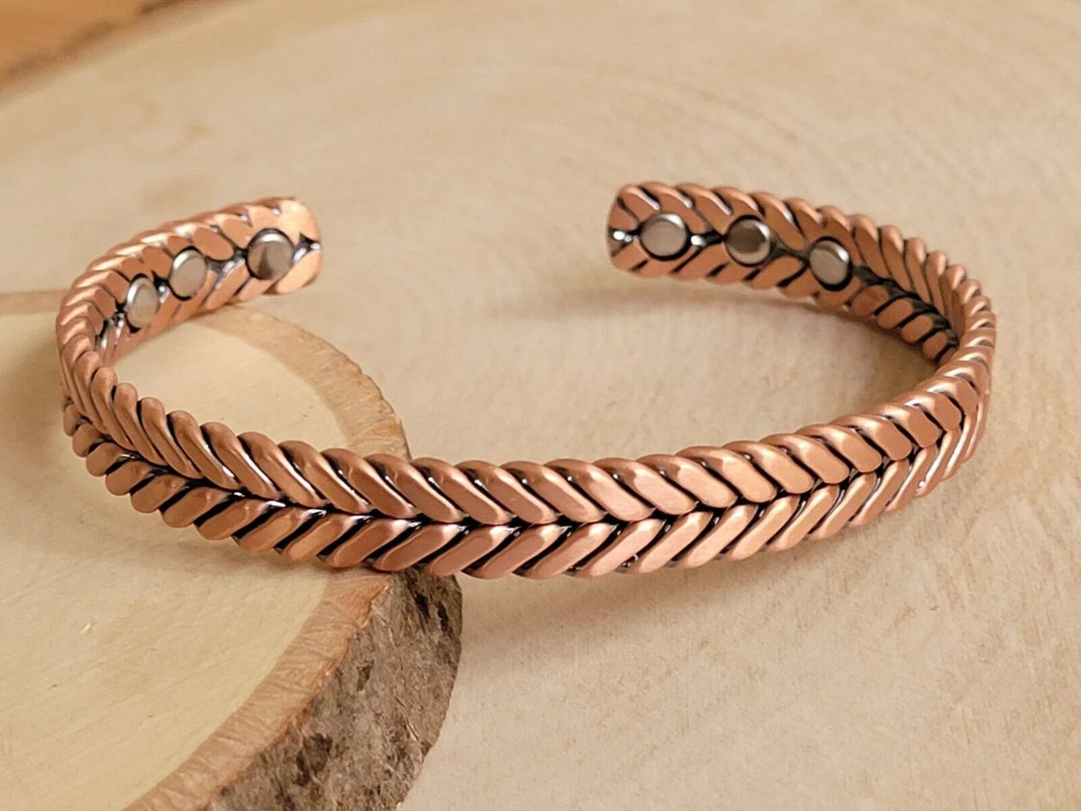 Cuff Copper Pure Bracelet Arthritis Therapy Solid Matte Herringbone Magnetic