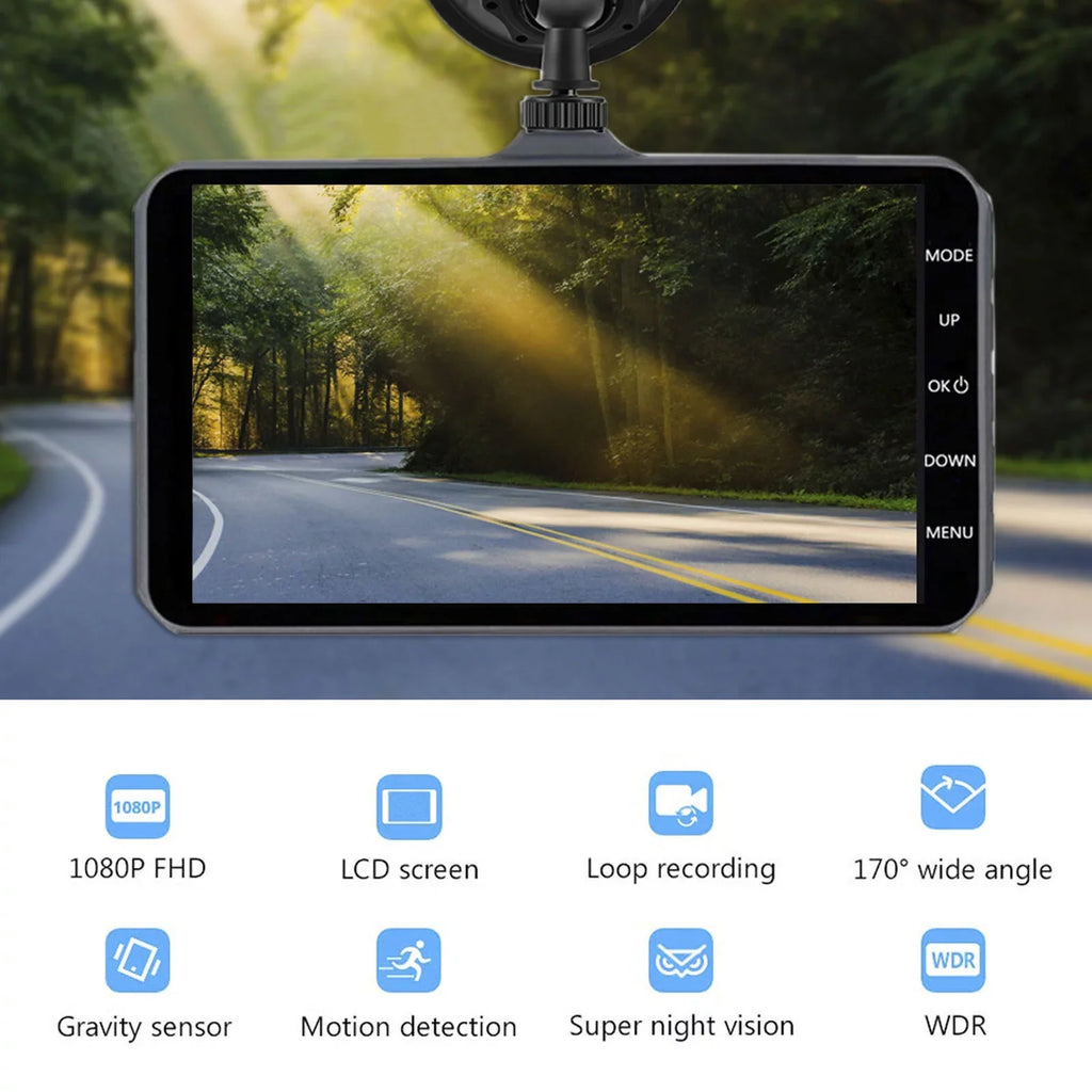 Cam Screen Lens Video Parking Front Motion Camera Dash 1080P DVR G-Sensor, Xhy Dual HD Detection Monitoring Rear 4" Touch Driving Car and and Recorder