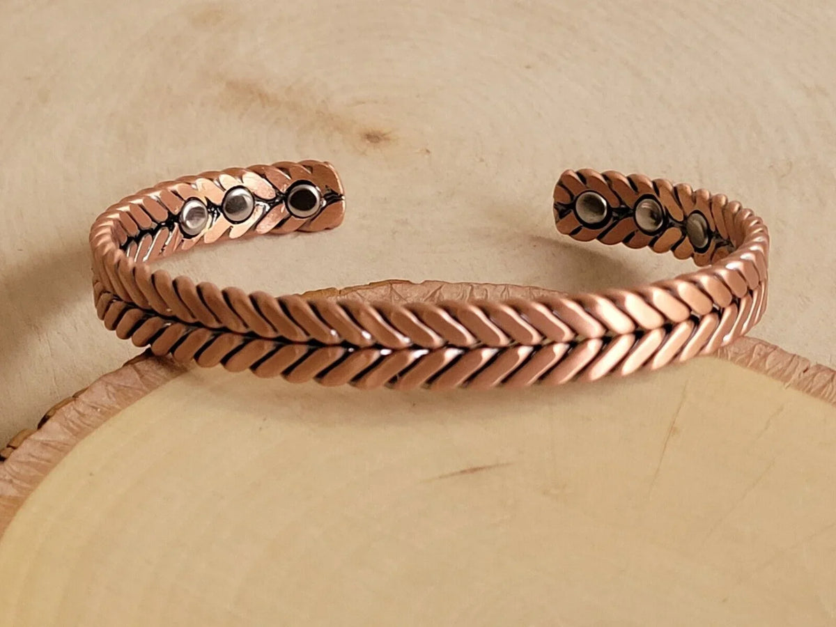 Cuff Copper Pure Bracelet Arthritis Therapy Solid Matte Herringbone Magnetic