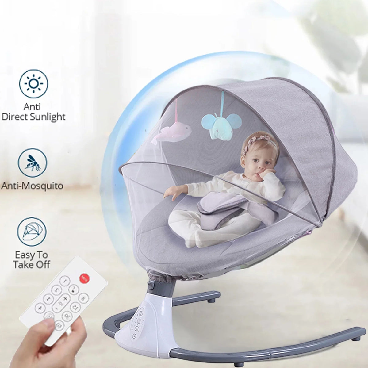 and Seat Baby Swing Control, Swing Electric Chair 4 Gray with Swing Speeds Infant Remote Portable