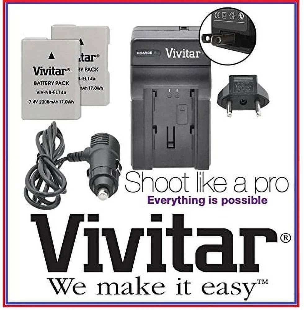 Hi 2-Pc Nikon Vivitar mAh 2300 EN-EL14a Charger For & D3400 Li-Ion Super Battery