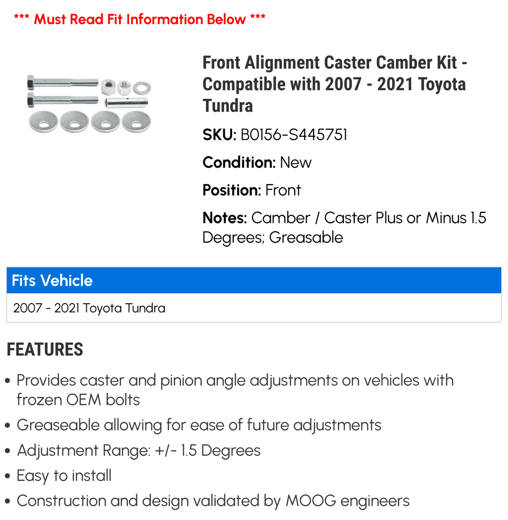 2010 Caster Camber 2019 2011 2008 with 2022 2021 - 2017 2012 - 2020 2016 2015 Alignment 2014 2018 Compatible Tundra 2013 Front 2007 2009 Kit
