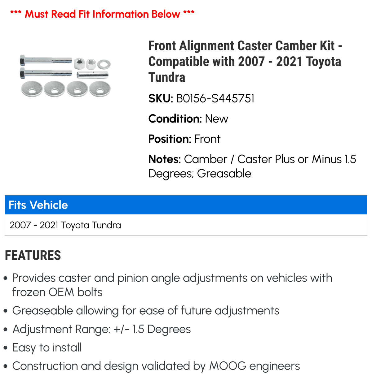 2010 Caster Camber 2019 2011 2008 with 2022 2021 - 2017 2012 - 2020 2016 2015 Alignment 2014 2018 Compatible Tundra 2013 Front 2007 2009 Kit