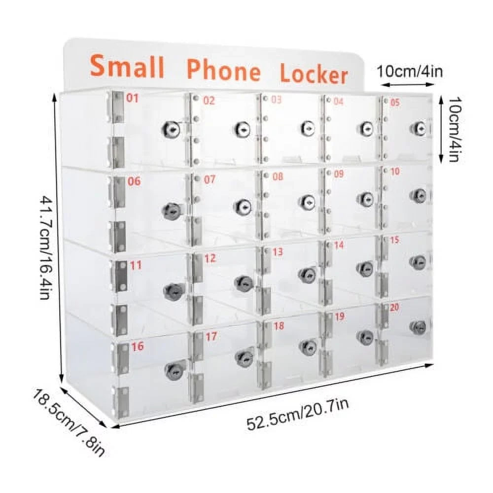 Clear Storage Cell Slots w/ Acrylic Thickened Keys Phone 20 Locker Cellphone Box