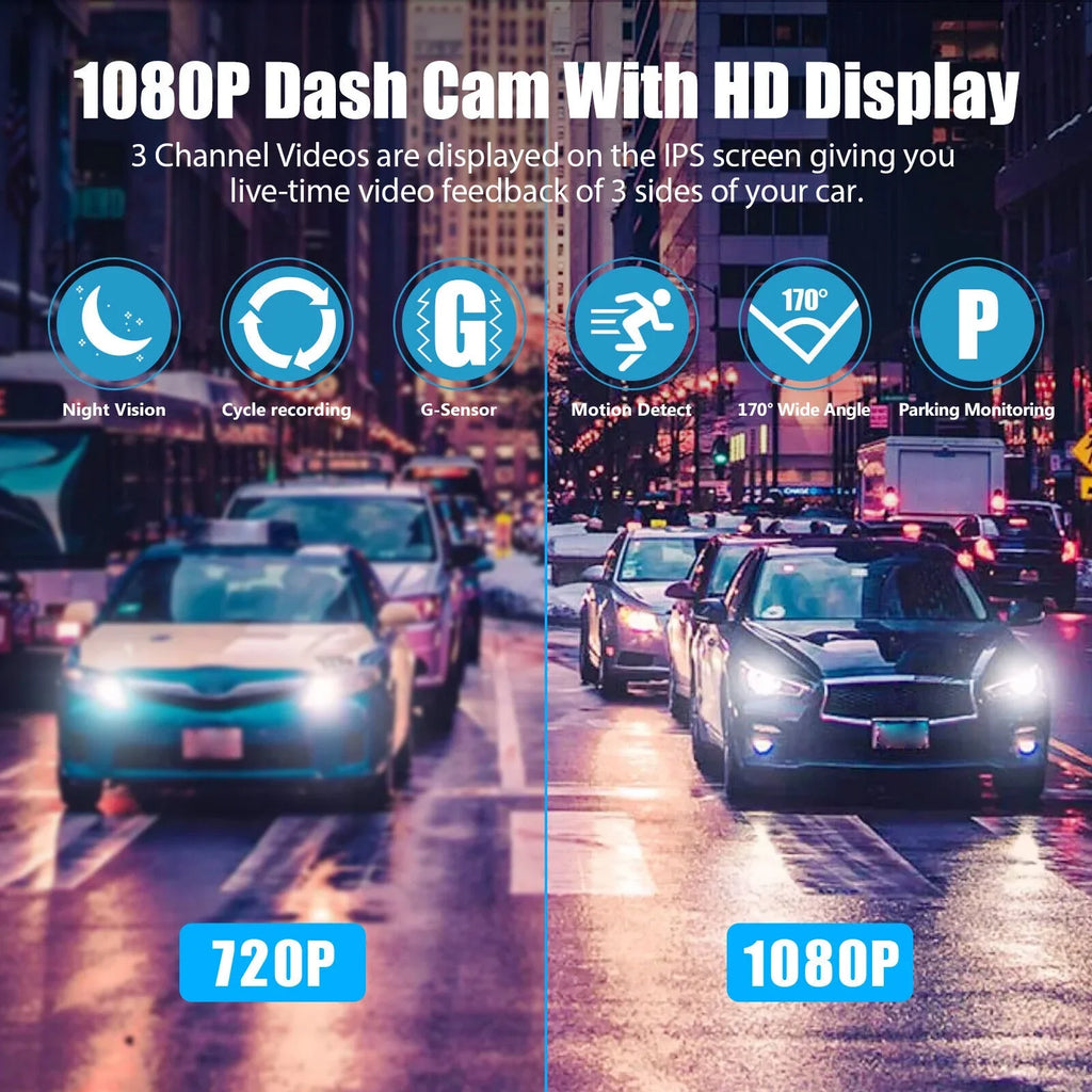 Lens Front Camera Cam 3 Dash Inside Rear Video 1080P DVR G-Sensor Recorder Car