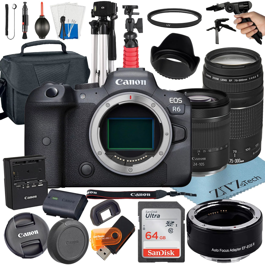 STM ZeeTech 64GB with Adapter EOS R6 24-105mm Mount Canon RF Accessory + + + SanDisk Mirrorless Lens Camera 75-300mm +