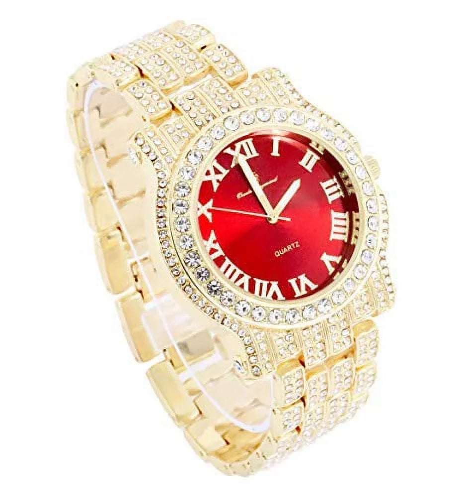 Watch Gold Bracelet w/Bling-ed Design Bling-ed Gold - Round Red Luxury Out Out ZZ Link Mens ZZ Blood L0504RNB