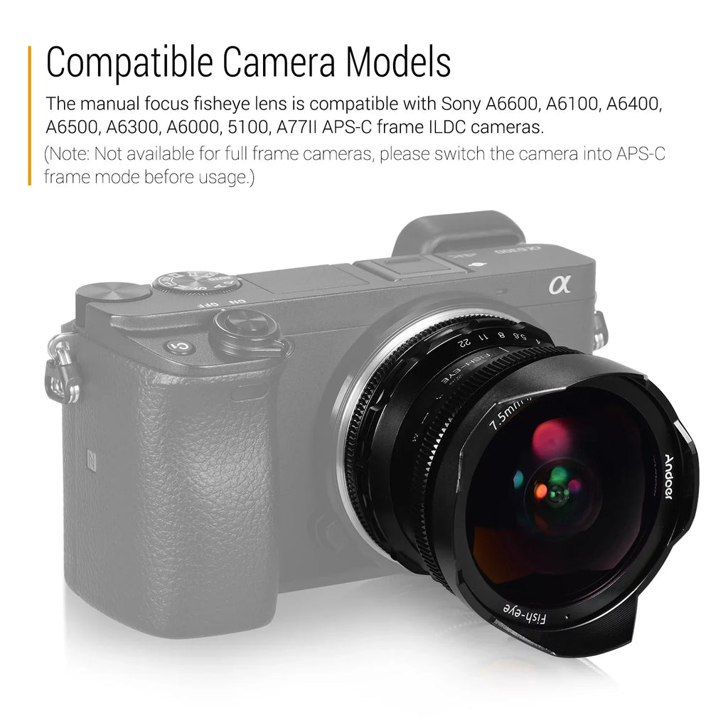E-Mount F2.8 Fisheye A6400 180° APS-C Andoer Andoer Frame A6300 Angle A6600 Compatible 7.5mm with Lens A6500 A6100 Wide Camera 5100 Lens Focus Aperture A77II Ultra A6000 Large Manual
