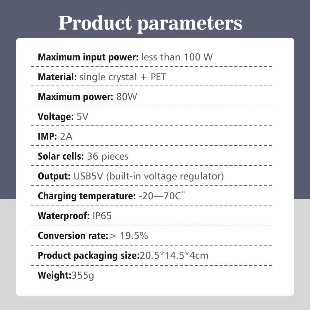 Waterproof Camping Solar Fishing Bank Solar Phone 80W Panel Hiking Power Phone Portable for Outdoors Charger Charger Emergency Solar