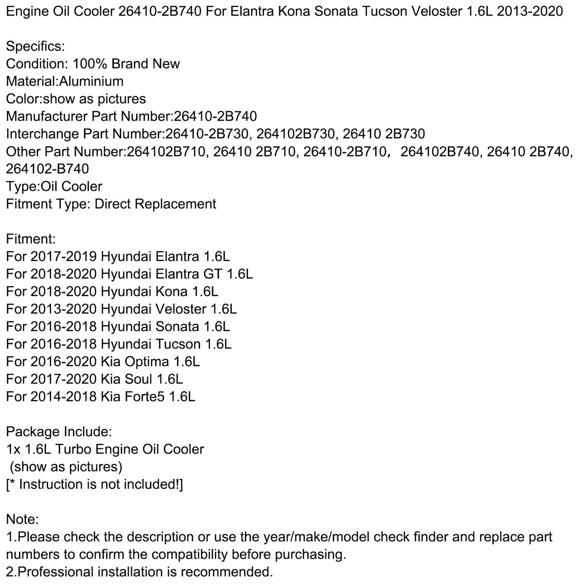 Sonata 26410-2B740 13-20 For Veloster Kona Genic Elantra Cooler Oil 1.6L Motor Engine Tucson